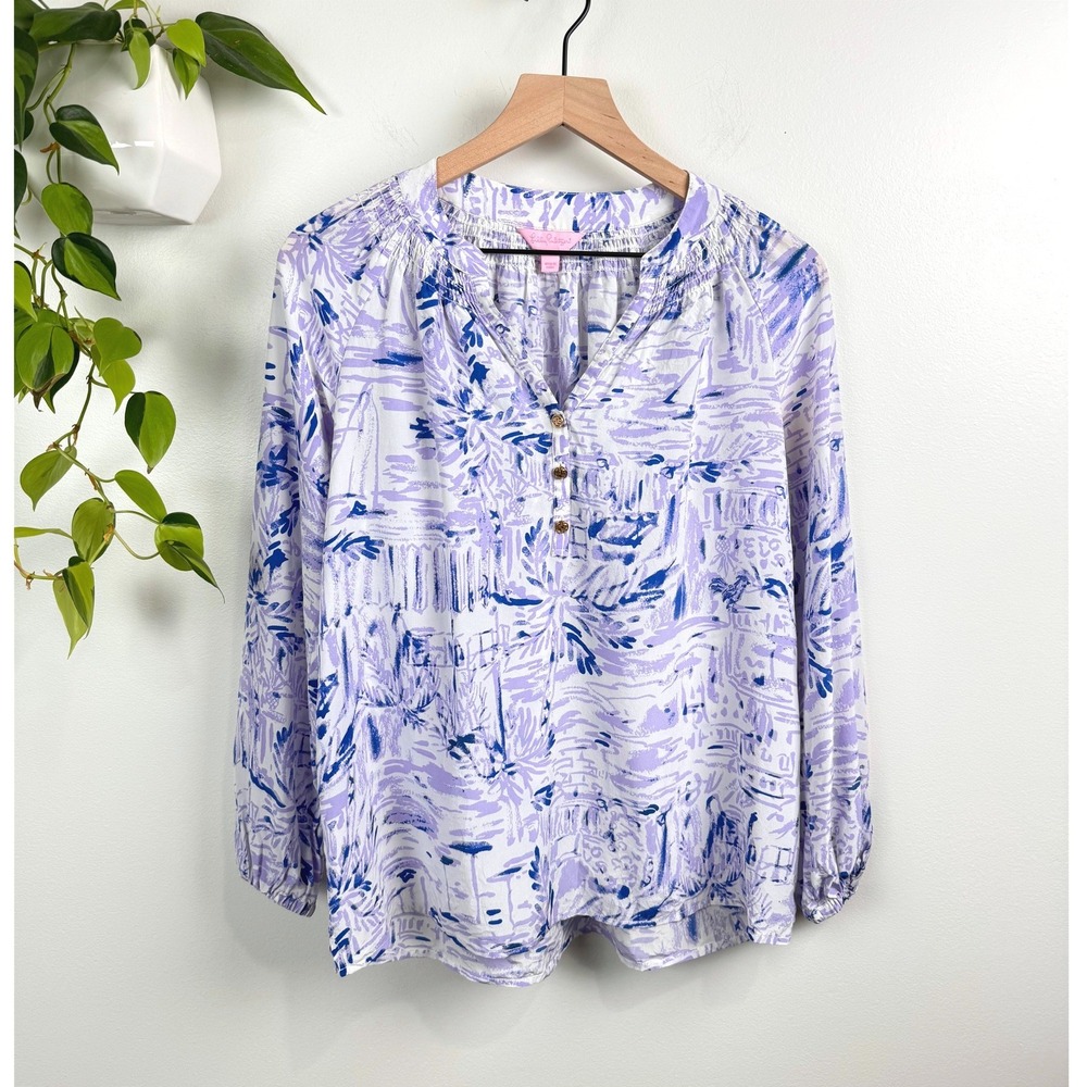 Lilly Pulitzer Elsa Top Silk Blouse Purple Blue Abstract Coastal Print S Resort